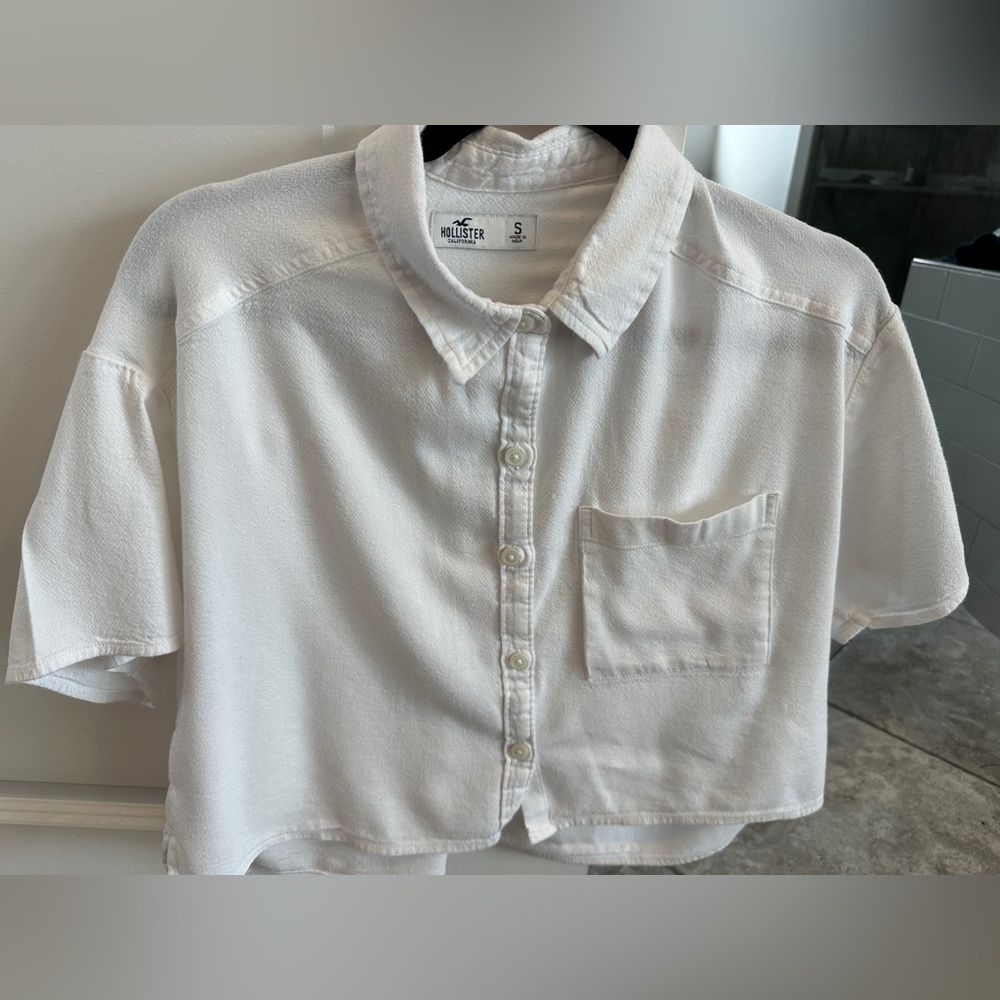 Hollister White Cropped Short Sleeve Button Down Linen Blend Top White Small